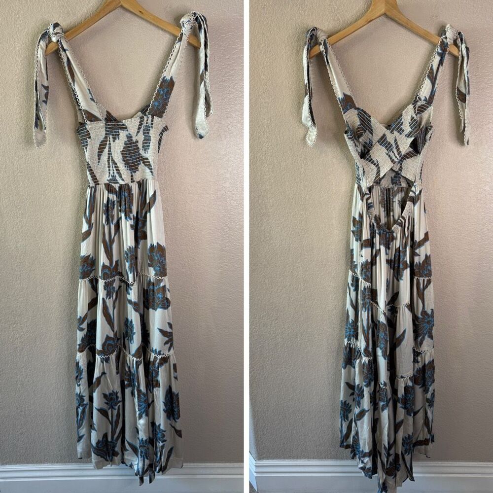 NEW Omika Lana Maxi Dress Women Large Ivory Brown Floral Print Smocked Crossback